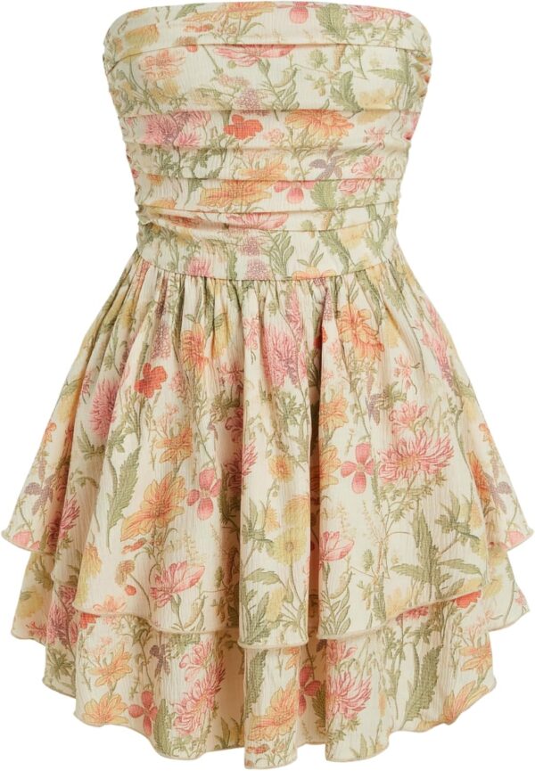 Women Summer Cocktail Dress - Tube Ruched Ruffle Mini Dress