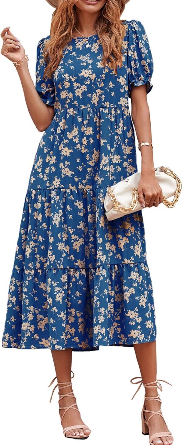 Summer Dresses for Women 2025 Casual Floral Boho Midi Sun Dress Puff Short Sleeve Flowy Beach Vacation Sundress