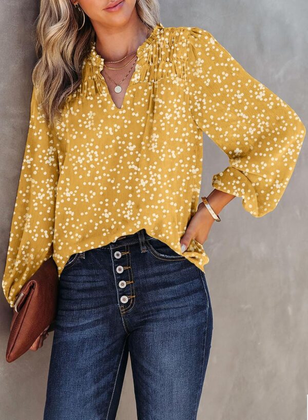 women Casual V Neck Floral Print Smocked Long Sleeve Chiffon Blouses Bohemian Top Shirts - Image 2