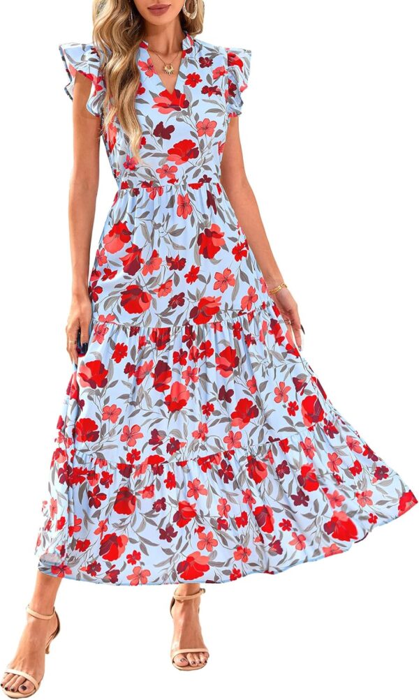 Women 2025 Summer Floral Midi Dress Cap Sleeve V Neck Ruffle Long Flowy Boho Casual Beach Vacation Dresses