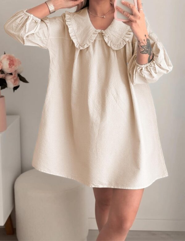 2025 Women Babydoll 3/4 Puff Sleeve Plaid Mini Dress Lapel Doll Collar Loose Y2k Dress - Image 2