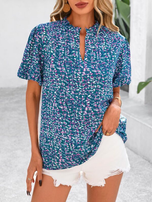 Boho Short Sleeve Floral Work Blouses for Women Dressy Casual V Neck Puff Sleeve Loose Chiffon Flowy Tops Shirts - Image 2