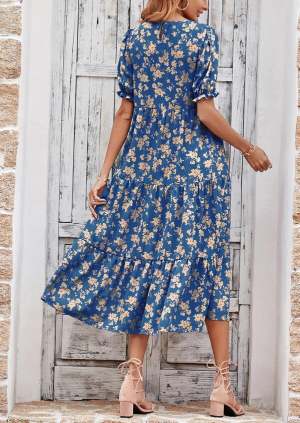 Summer Dresses for Women 2025 Casual Floral Boho Midi Sun Dress Puff Short Sleeve Flowy Beach Vacation Sundress - Image 2