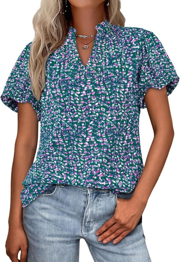 Boho Short Sleeve Floral Work Blouses for Women Dressy Casual V Neck Puff Sleeve Loose Chiffon Flowy Tops Shirts