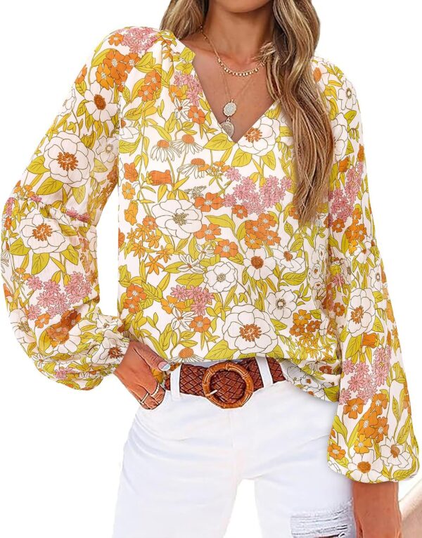 Women Casual Boho Blouse Dressy Floral Puff Long Sleeve Shirts V Neck Lightweight Chiffon Summer Fall Tops 2025
