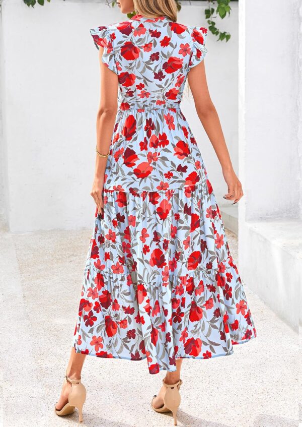 Women 2025 Summer Floral Midi Dress Cap Sleeve V Neck Ruffle Long Flowy Boho Casual Beach Vacation Dresses - Image 2
